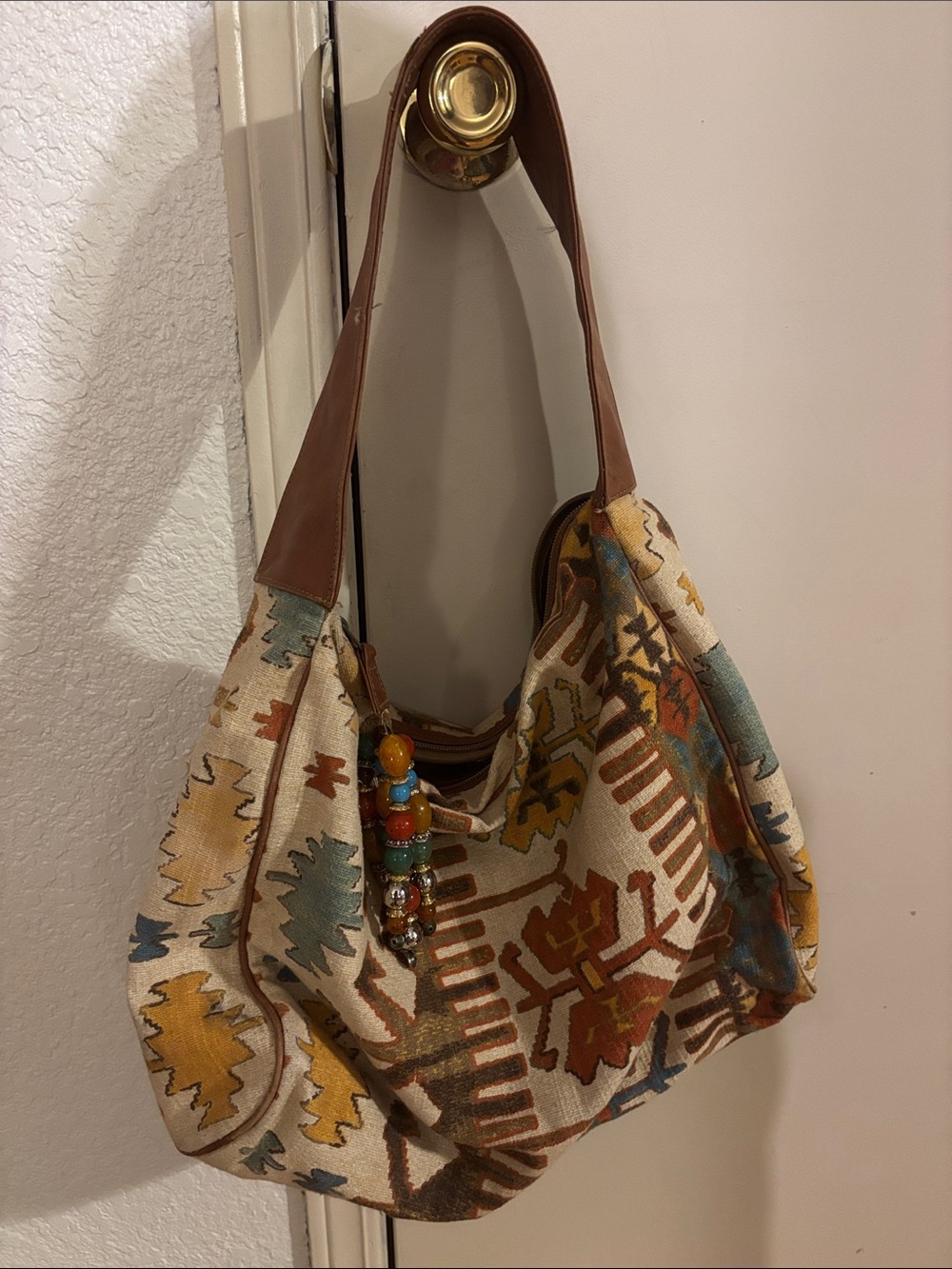 Neiman Marcus Multicolor Canvas Shoulder Bag with Brown Trim
